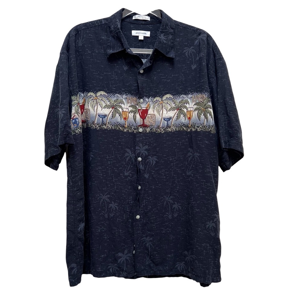 Vintage Pierre Cardin 100% Rayon Hawaiian Shirt Tropical Tribal Tiki Cocktails